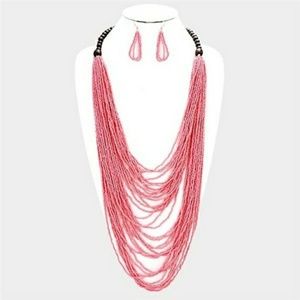 COPY - Pink/Wood Seed Bead Long necklace Set